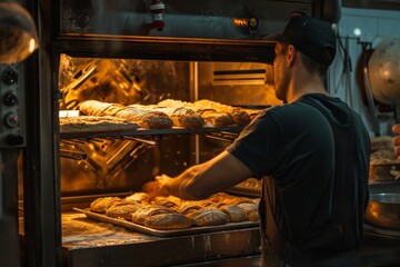 an oven worker preparing several loaves of bread