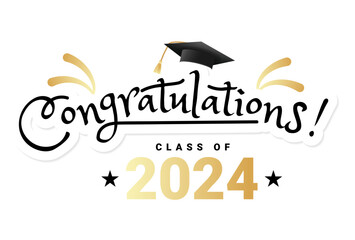 Congratulations graduates class of 2024 typography design. Graduation ceremony vector illustration with academic cap, stars and fireworks. Flat style grad ceremony design for banner, greeting card etc - obrazy, fototapety, plakaty