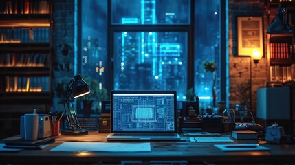 Modern office interior, Laptop with 3D blueprint on a desk a middle of the room, Blue Neon Lighting, High-Tech Atmosphere. Generative AI