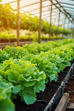 A conservatory plantation of organic hydroponic vegetables. Healthy horticulture in a greenhouse cultivation farm.