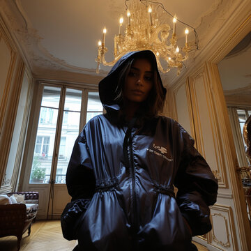 Image of a model in a high class posh hotel, wearing a  thick winter coat for an underground clothing brand, hood up.