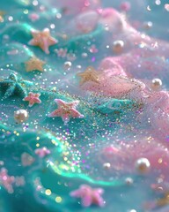 Close-up image of a whimsical, glittery seascape with starfish and pearls, evoking a magical underwater scene