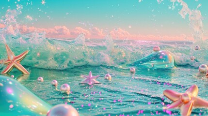 Fantasy-inspired vibrant ocean scene with sparkling starfish and bubbles against surreal colorful waves