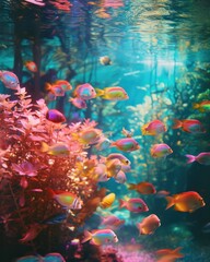 Fototapeta na wymiar A vibrant underwater world with colorful fishes swimming among coral reef in clear water