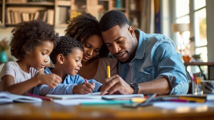 African American supports his children in doing homework. Mutual understanding in the family