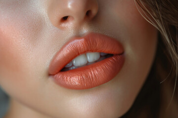 Fototapeta premium Close up macro female plump lips with peach lip gloss. Beauty portrait personal care and make up