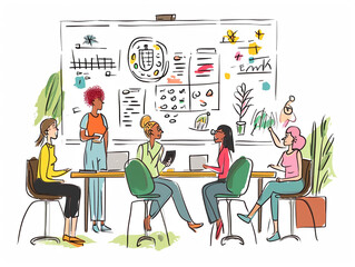 Doodles showing Plan. Strategy. Meeting. The team is working on a project. Female presenter. Vector illustration.