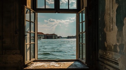  an open window with a view of a body of water and a building on the other side of the window.