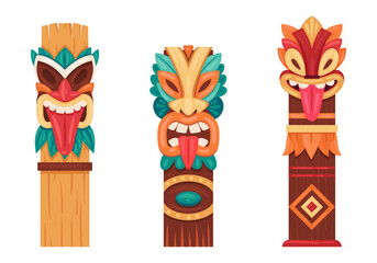 Aboriginal wooden statues. Tiki pole totems, ritual hawaiian and african traditional carving sculptures flat vector illustration set. Ethnic indigenous pole totems