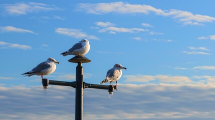  three seagulls are perched on top of a lamp post in front of a blue sky with white clouds.