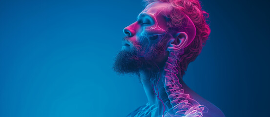 Close up view side profile shot of handsome man face with anatomical x-ray skeleton details. Bright neon led lights, pink and blue color background with copy space