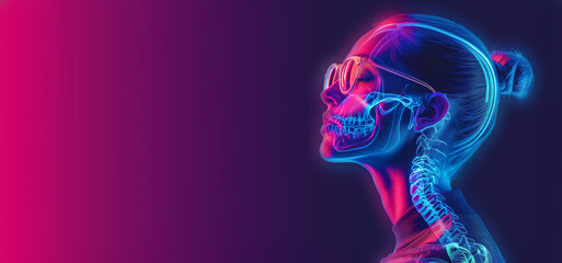 Close up view side profile shot of beautiful woman face in glasses with anatomical x-ray skeleton details. Bright neon led lights, pink and blue color background with copy space - 712586787