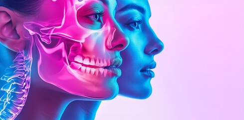 Close up view side profile shot of two beautiful woman face with anatomical x-ray skeleton details. Bright neon led lights, pink and blue color background with copy space - obrazy, fototapety, plakaty