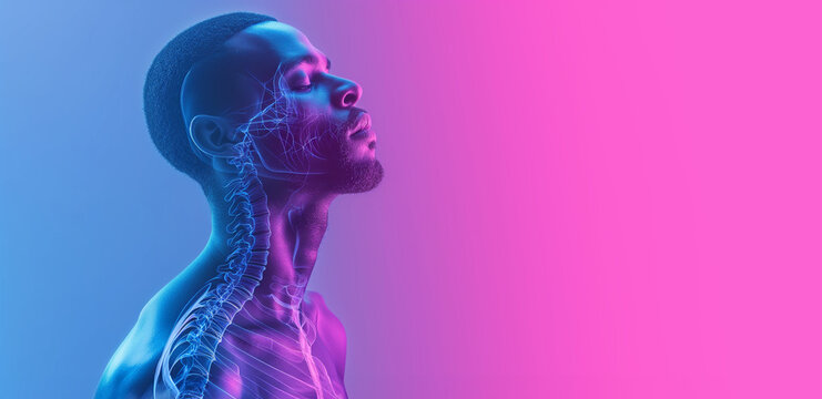 Close up view side profile shot of African man face with anatomical x-ray details. Bright led neon lights, pink and blue color background with copy space