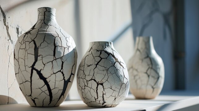  a group of three vases sitting on top of a window sill next to a window sill with cracked paint all over it.