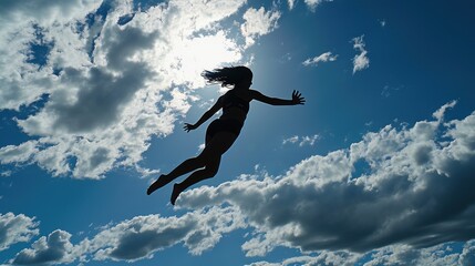  a silhouette of a woman in the air with her arms outstretched in front of a blue sky with white clouds.