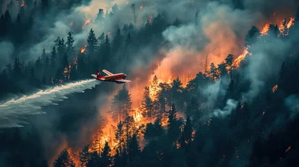 Fotobehang An airplane extinguishes a forest fire © Irina