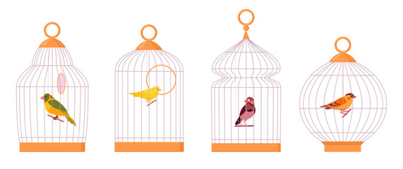 Bird cages. Cartoon domestic birds in iron cages, exotic decorative birds, finch and canary flat vector illustration set. Little birds sitting in cages
