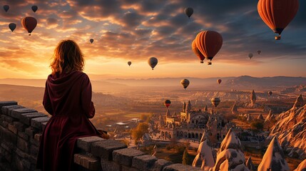 Amid the breathtaking scenery of Goreme, Turkey, a vacationer marvels at the beauty of Kapadokya, with stunning air balloons soaring through the sunrise-lit Anatolian sky. - obrazy, fototapety, plakaty