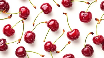  a bunch of cherries on a white surface with water droplets on the cherries and the tops of the cherries.