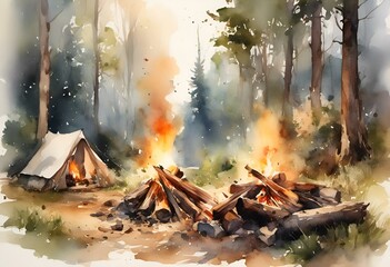 AI generated illustration of a vibrant painting showcasing a fiery scene in the forest with a tent