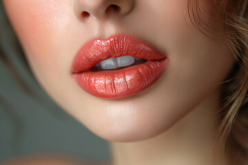 Fototapeta premium Close up macro female plump lips with red lip gloss. Beauty portrait personal care and make up