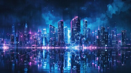 Fototapeta na wymiar cityscape with space and neon light effect. Modern hi-tech, science, futuristic technology concept. Abstract digital high tech city design for banner background