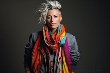 Portrait of a beautiful middle aged woman with colorful scarf over dark background.