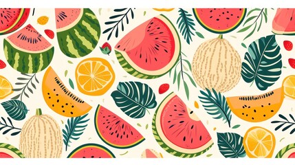  a pattern of watermelon, oranges, lemons, and pineapples on a white background.