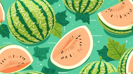  a bunch of slices of watermelon with leaves on a green background with a pattern of leaves and slices of watermelon.