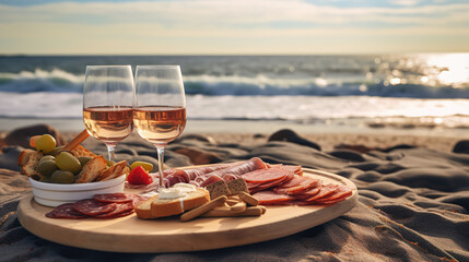 A picnic setting on a Beach with a meat charcuterie board and Wine. Beautiful sunset light near the sea at sunny summer day.