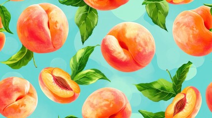  a painting of peaches on a blue background with green leaves and a piece of fruit in the middle of the image.