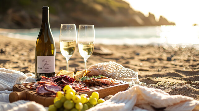 A picnic setting on a Beach with a meat charcuterie board and Wine. Beautiful sunset light near the sea at sunny summer day.