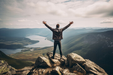 Joyous man with arms raised celebrating atop a mountain