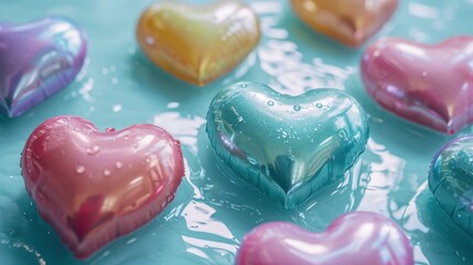  a group of heart shaped chocolates sitting on top of a blue counter top next to a cup of coffee.