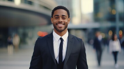 Fototapeta premium portrait of a handsome smiling white young black businessman boss in a black suit walking on a city street to his company office. blurry crowdy street background --ar 16:9