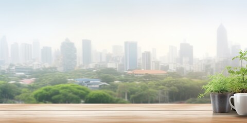 Fototapeta premium Mount product on wooden table top with blurred window glass, abstract green color from garden, and city view as morning background.