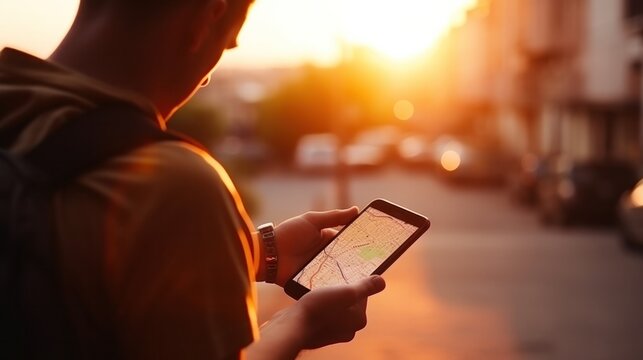 traveler use smartphone to check map to travel with internet and gps application, Travel, mobile phone, technology, smartphone, holding, lifestyle, communication, connection, outdoors