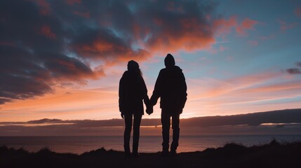  a couple of people standing next to each other on a hill with the sun setting in the sky behind them.