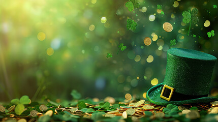 St. Patrick's Day. Gold coins, a green hat and a shamrock, Banner - Powered by Adobe