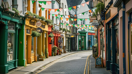 Fototapeta na wymiar Empty city street decorated with garlands and traditional green orange flags for St. Patrick's Day carnival