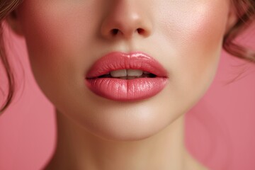 Fototapeta premium Close up macro female plump lips with pink lip gloss. Beauty portrait personal care and make up