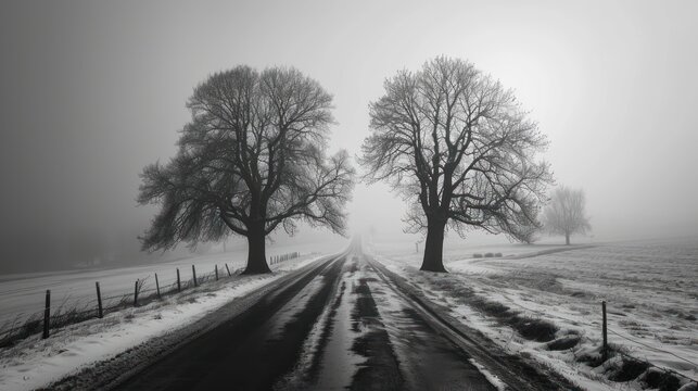  a black and white photo of two trees in the middle of a snow covered field with a road in the foreground.