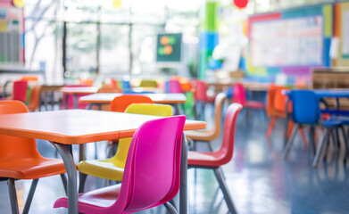School classroom in blur background without young student.
