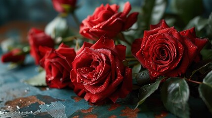  a close up of a bunch of red roses with water droplets on the petals and leaves on a blue surface.