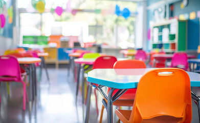 School classroom in blur background without young student.