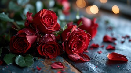  a bunch of red roses sitting on top of a table next to a bunch of red rose petals on a table.