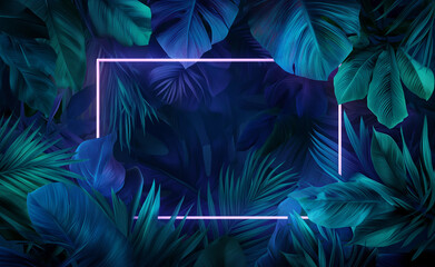 Tropical Leaves Illuminated with Blue and Green, neon frame in the middle.