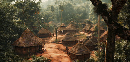 a road leading through an african village with huts and and a natural environment - obrazy, fototapety, plakaty