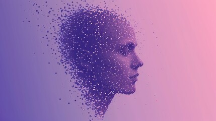  a woman's face with dots in the shape of a woman's head on a purple and pink background. - obrazy, fototapety, plakaty